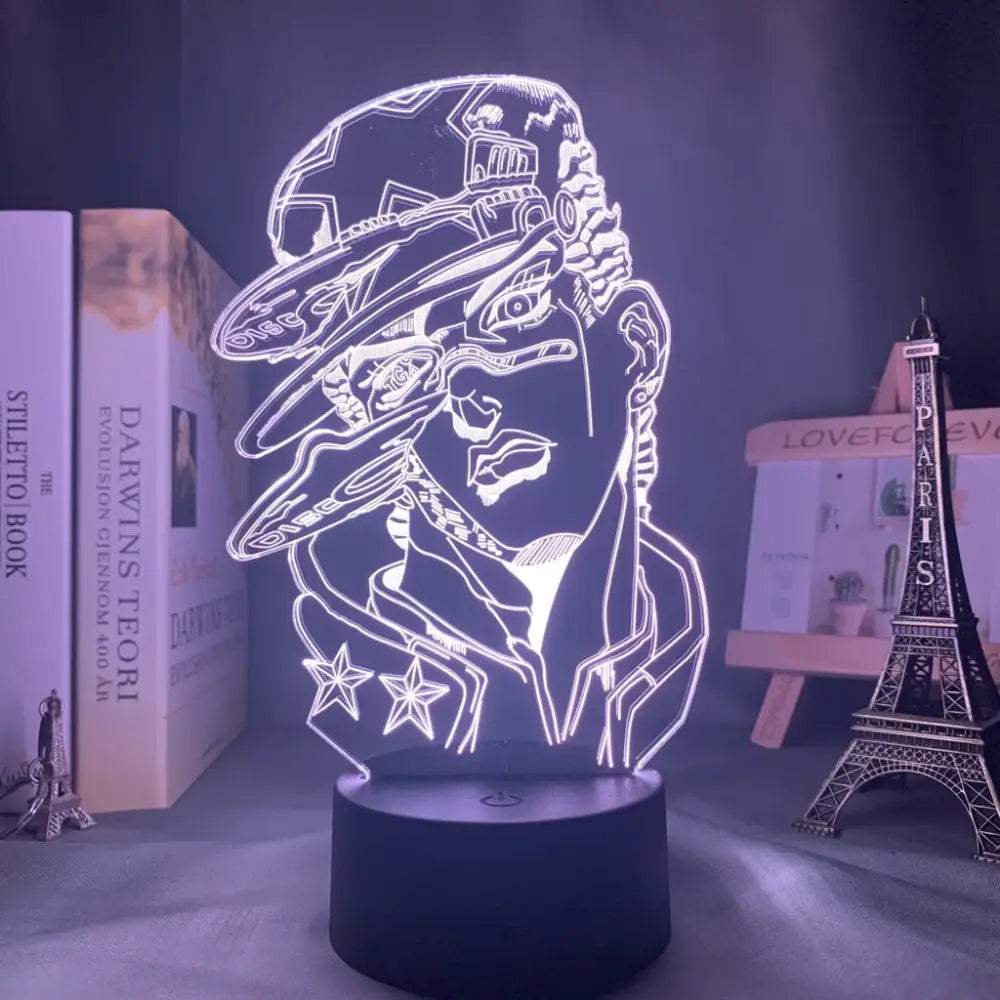A glowing white 3d led lamp featuring a stylized bizarre adventure character illuminated with purple night light and 7-color touch control