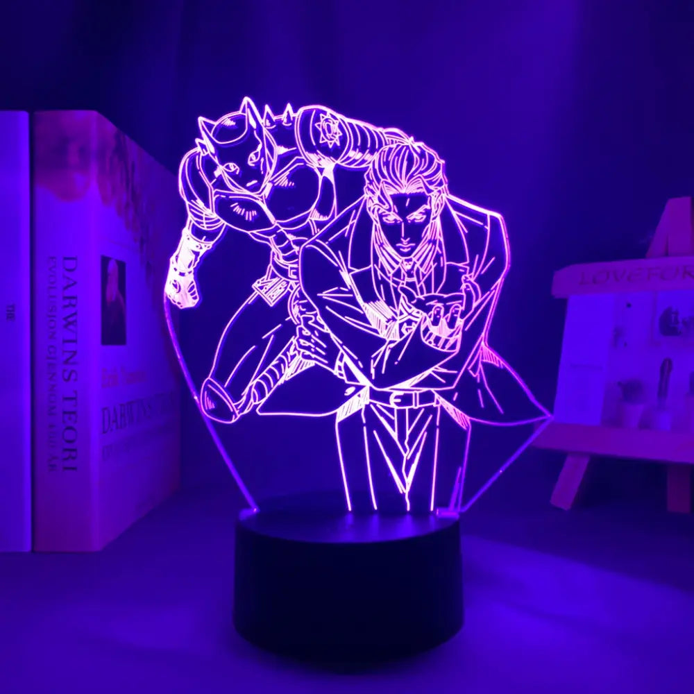 Purple-lit 3d led night light featuring bizarre adventure anime characters with 7-color touch control lighting