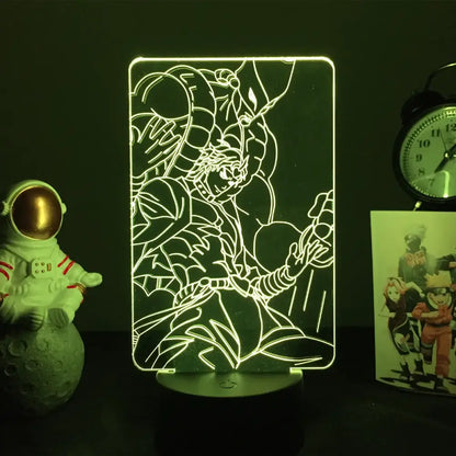 A glowing white line-art 3d led night light of jojo’s bizarre adventure character with 7-color touch control