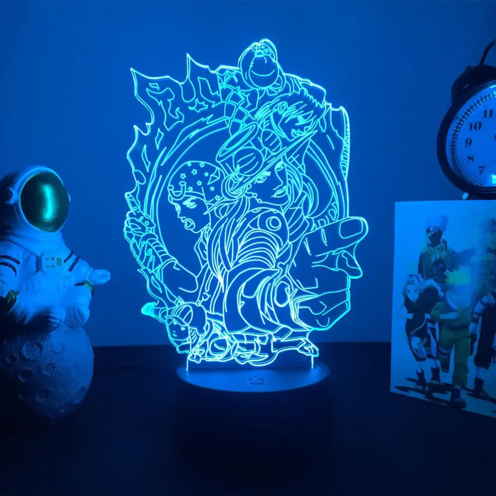 A glowing blue 3d led night light featuring intricate anime character outlines with 7-color touch control bizarre adventure design