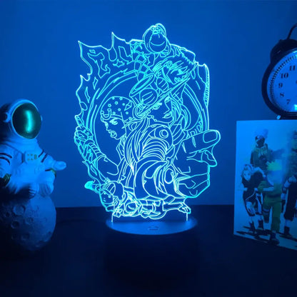 A glowing blue 3d led night light featuring intricate anime character outlines with 7-color touch control bizarre adventure design