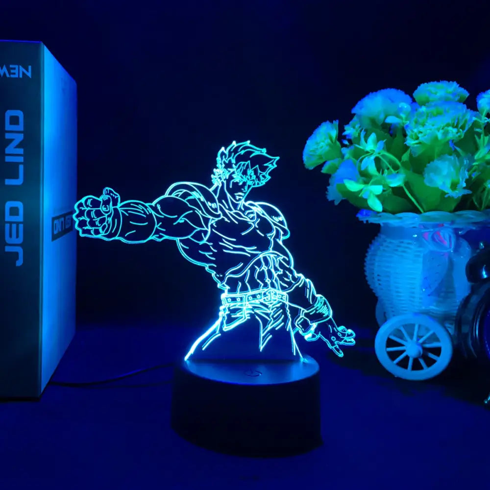 A glowing blue led night light shaped like a muscular anime character in a bizarre adventure 7-color touch control lamp