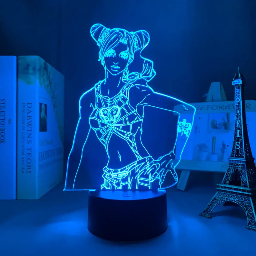 Blue glowing 3d led lamp shaped like a stylized anime character with twin buns and 7-color touch control night light for bizarre adventure fans