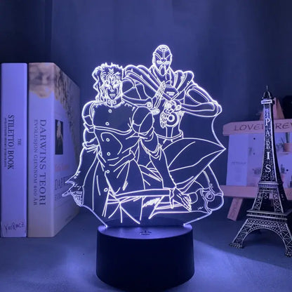 A glowing white 3d led lamp featuring jojo’s bizarre adventure anime characters with 7-color touch control night light