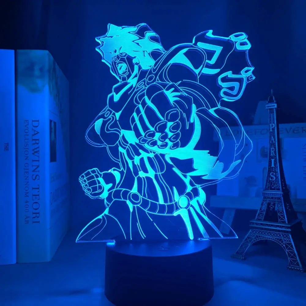 A glowing blue 3d led night light featuring a bizarre adventure anime character with 7-color touch control