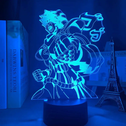 A glowing blue 3d led night light featuring a bizarre adventure anime character with 7-color touch control