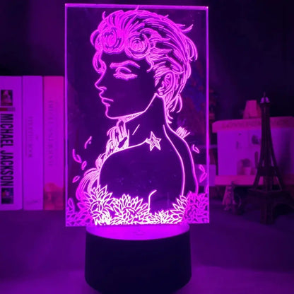 Purple illuminated 3d night light lamp featuring bizarre adventure stand with floral and star motifs and 7-color touch control