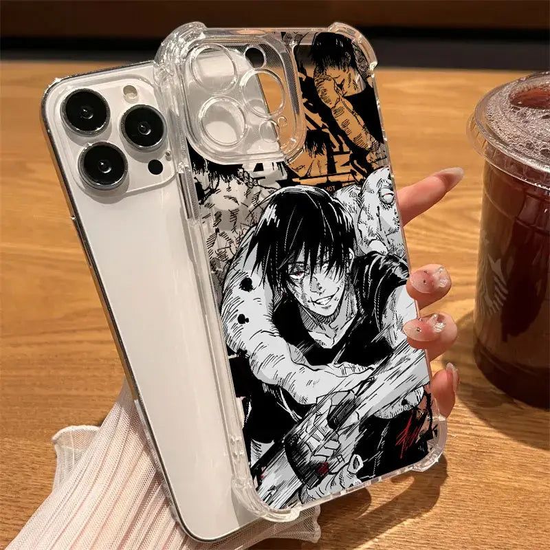 Clear shockproof jujutsu kaisen anime phone case with black and white character illustration on transparent background