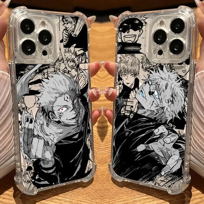 Clear jujutsu kaisen anime phone case featuring black and white character illustrations with transparent shockproof design