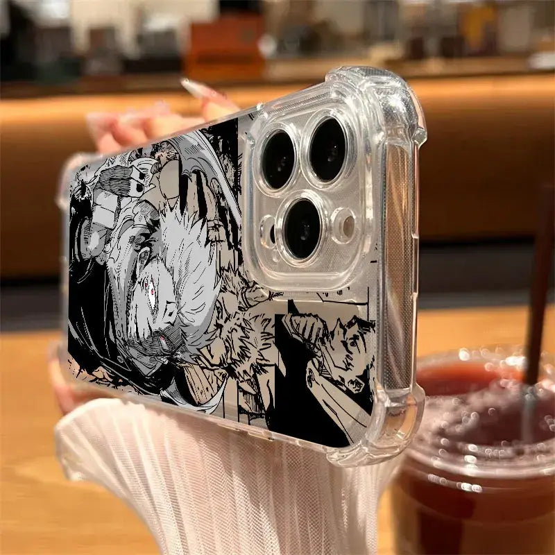 Clear shockproof phone case with black and white jujutsu kaisen anime illustration on the back side