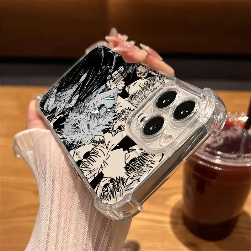 Clear shockproof jujutsu kaisen anime phone case with black and white detailed character illustration on back side