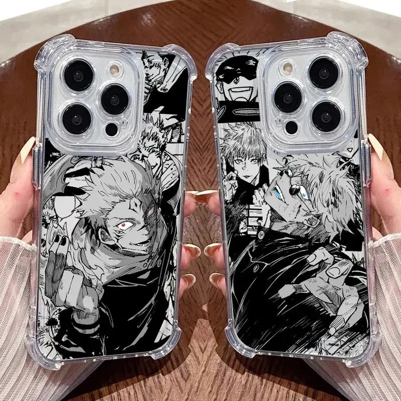 Clear shockproof phone cases with black and white jujutsu kaisen anime illustrations for kaisen anime phone protection