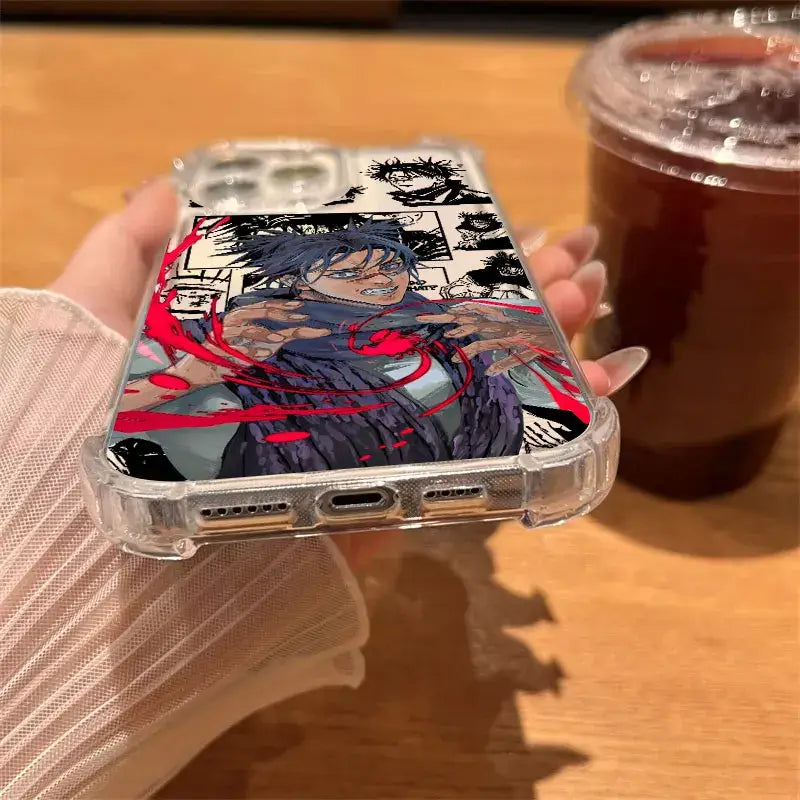 Clear protective phone case with dark hair character and red energy from jujutsu kaisen anime printed on back side