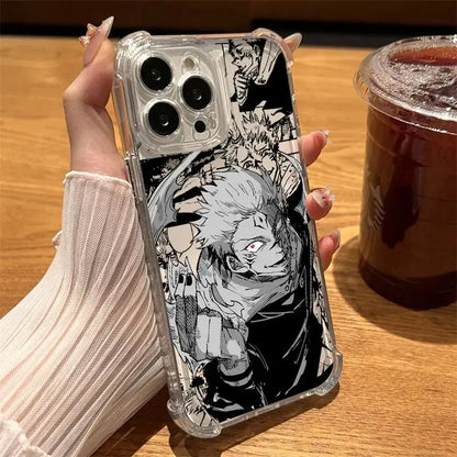 Clear shockproof jujutsu kaisen anime phone case with black and white manga art of spiky hair character with red eyes