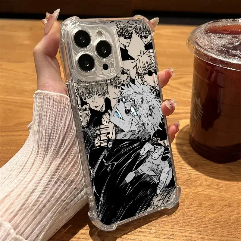 Clear protective phone case featuring black and white jujutsu kaisen anime character illustrations on back side