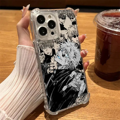 Clear protective phone case featuring black and white jujutsu kaisen anime character illustrations on back side
