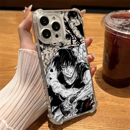 Clear shockproof jujutsu kaisen anime phone case with black and white character illustration and red eyes on transparent back