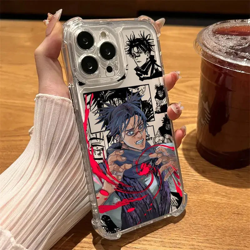Clear protective jujutsu kaisen anime phone case with black and red spiky hair character on transparent shockproof cover