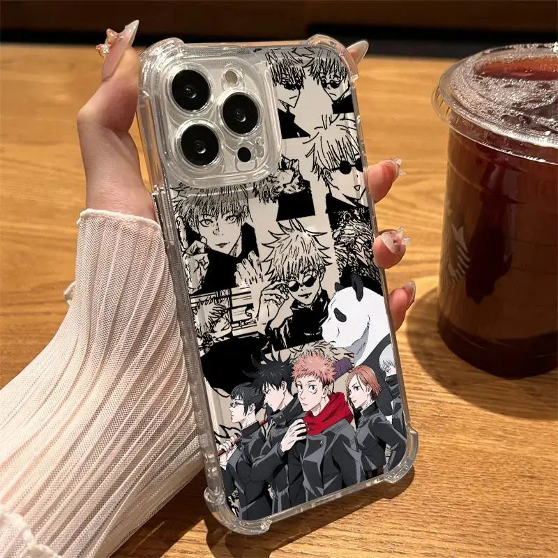 Clear shockproof jujutsu kaisen anime phone case with black and white character illustrations on the back side
