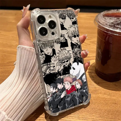 Clear shockproof jujutsu kaisen anime phone case with black and white character illustrations on the back side