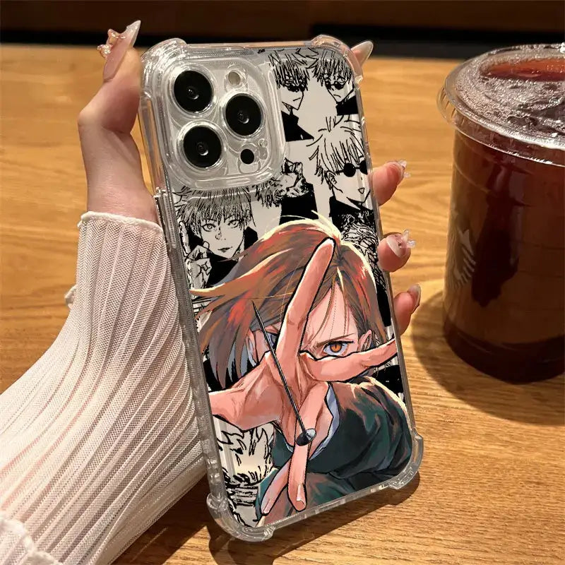 Clear shockproof phone case with vibrant jujutsu kaisen anime illustration and black and white comic backgrounds