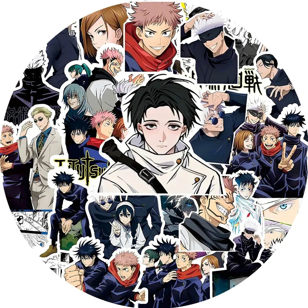 A circular arrangement of colorful jujutsu kaisen anime sticker decals made of waterproof pvc material