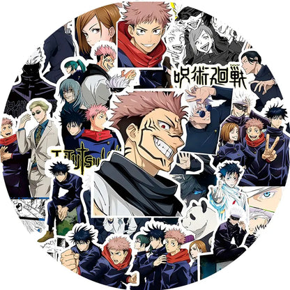 A circular jujutsu kaisen anime sticker sheet featuring vibrant black white red and blue waterproof pvc decals