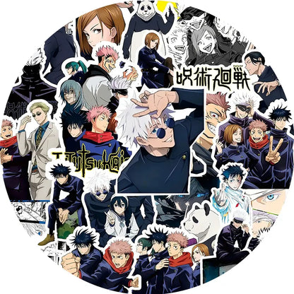 A circular jujutsu kaisen anime sticker sheet with vibrant character designs in dark uniforms and red scarves on white pvc