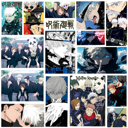 Collage of jujutsu kaisen anime sticker decals featuring colorful and black-and-white pvc waterproof character artwork