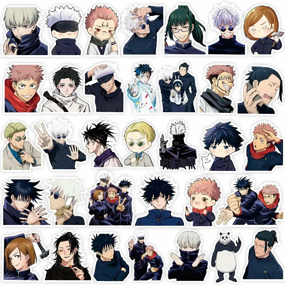 A collection of jujutsu kaisen waterproof pvc anime sticker decals featuring characters in dark uniforms