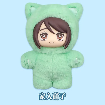 A soft mint-green jujutsu kaisen cat ear plushie with brown bobbed hair from the eaki blind box figure series