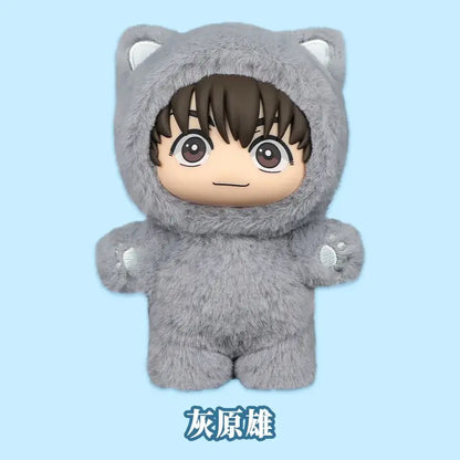 Gray fluffy jujutsu kaisen cat ear plushie with brown hair and large eyes from the eaki figure blind box series