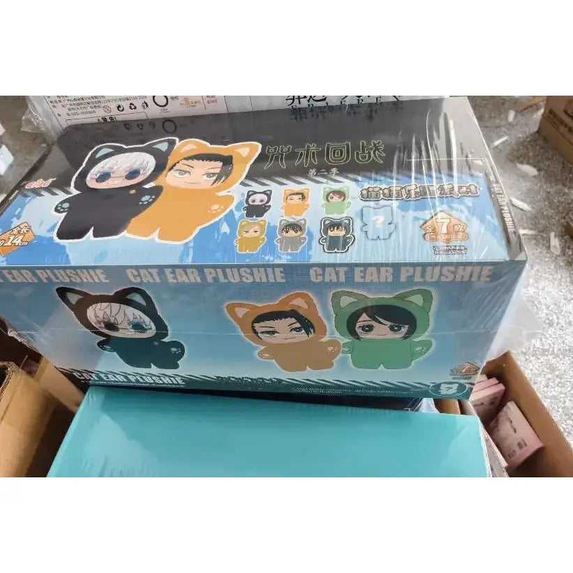 Blue box of jujutsu kaisen cat ear plushie featuring anime characters in colorful hooded outfits for collectors