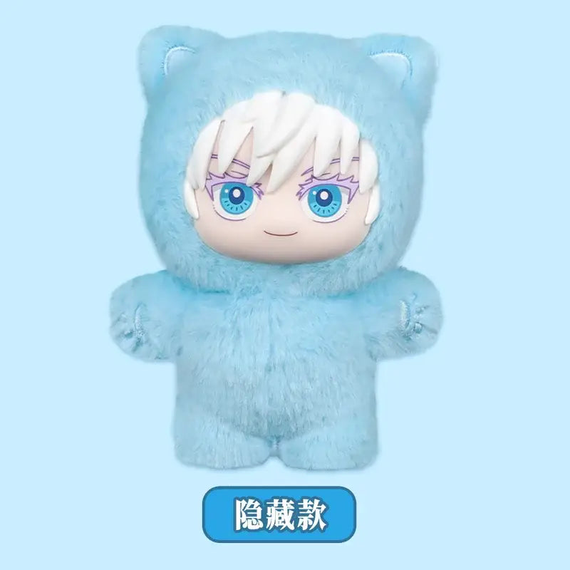 Soft light blue jujutsu kaisen cat ear plushie with white hair and large blue eyes in a fuzzy bear costume