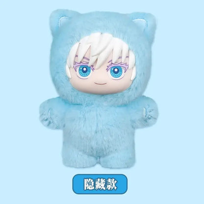 Soft light blue jujutsu kaisen cat ear plushie with white hair and large blue eyes in a fuzzy bear costume
