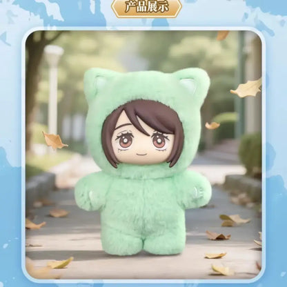 Mint green jujutsu kaisen cat ear plushie with brown hair made of soft textured fabric in a blind box figure