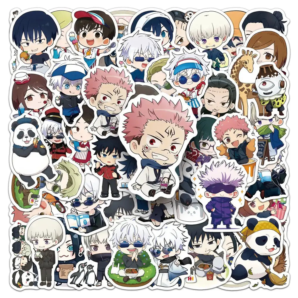 A colorful jujutsu kaisen chibi graffiti sticker set with 50pcs perfect for decorating phone cases and more