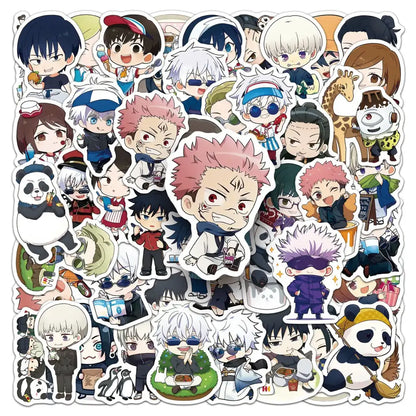 A colorful jujutsu kaisen chibi graffiti sticker set with 50pcs perfect for decorating phone cases and more