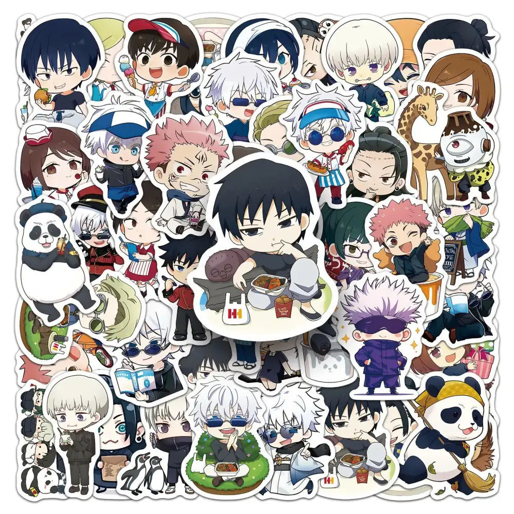 A colorful jujutsu kaisen sticker set featuring 50 chibi anime characters and cute animals for phone cases and decor
