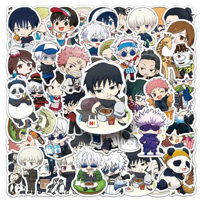 A colorful jujutsu kaisen sticker set featuring 50 chibi anime characters and cute animals for phone cases and decor