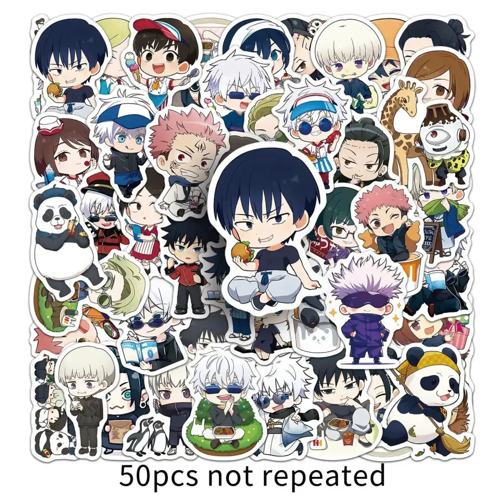 A jujutsu kaisen sticker set of 50 vibrant chibi-style anime stickers on glossy die-cut paper perfect for phone cases