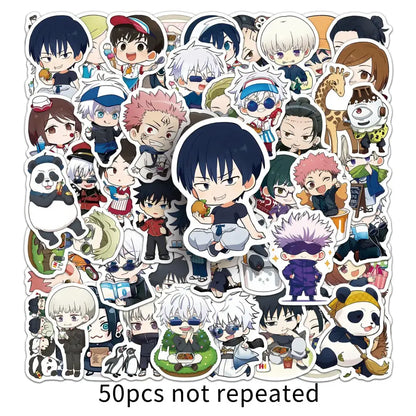A jujutsu kaisen sticker set of 50 vibrant chibi-style anime stickers on glossy die-cut paper perfect for phone cases