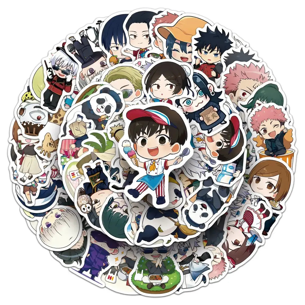 Colorful jujutsu kaisen chibi graffiti sticker set featuring 50 vibrant anime character designs perfect for phone cases