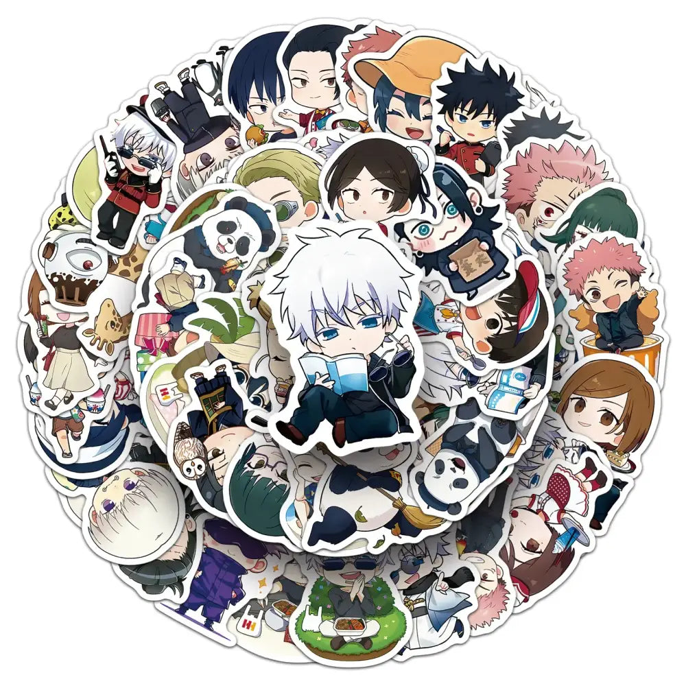 Colorful jujutsu kaisen sticker set featuring 50 vibrant chibi designs perfect for phone cases and decoration