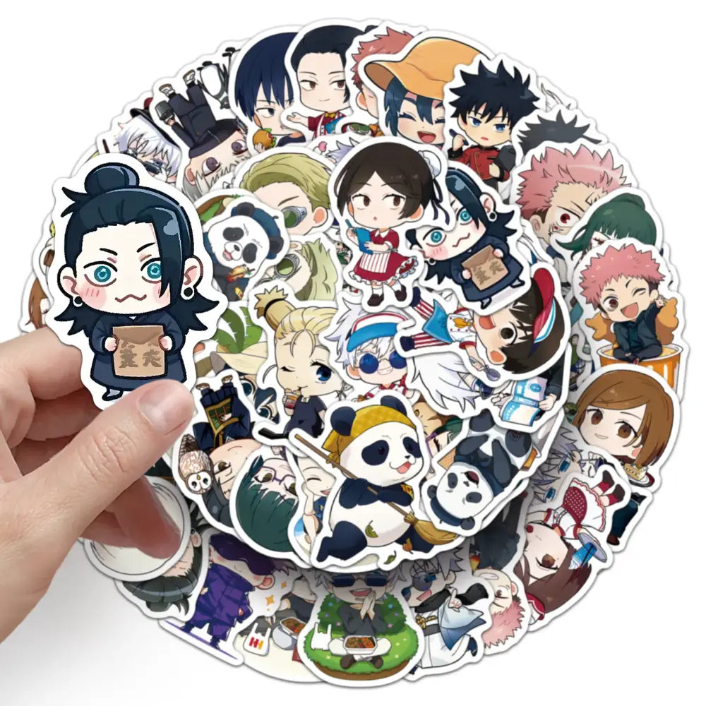 A hand holds a jujutsu kaisen sticker set of 50 colorful chibi anime stickers on glossy paper for phone cases