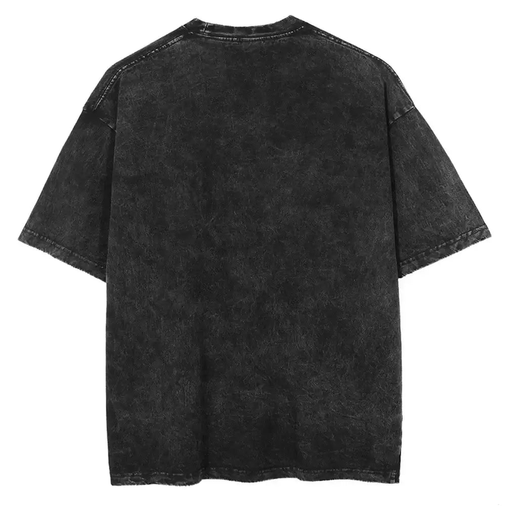 Black distressed denim t-shirt with relaxed fit and faded texture featuring kaisen choso graphic in washed vintage style