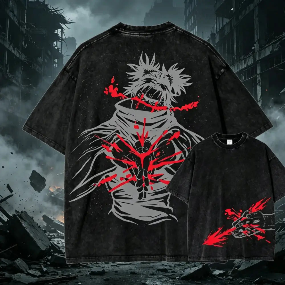Black oversized jujutsu kaisen choso graphic t-shirt with bold anime character and red splatter effects vintage washed style