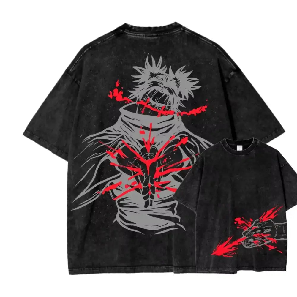 Black oversized t-shirt with kaisen choso graphic print of anime character and red splatter on the back vintage style