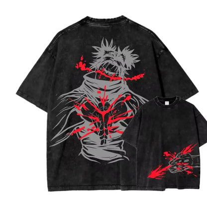 Black oversized t-shirt with kaisen choso graphic print of anime character and red splatter on the back vintage style