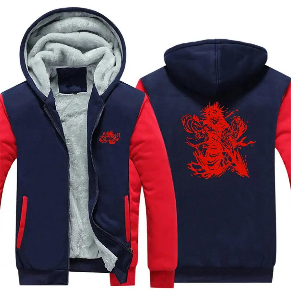 Back view of navy blue and red fleece-lined jujutsu kaisen choso oversized hoodie with bold red anime warrior graphic